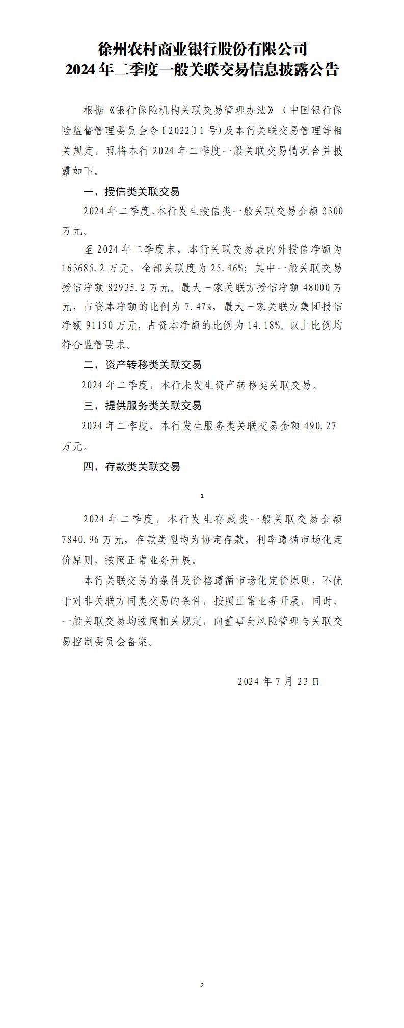 徐州农村商业银行股份有限公司2024年二季度一般关联交易信息披露公告(2024年7月23日) 