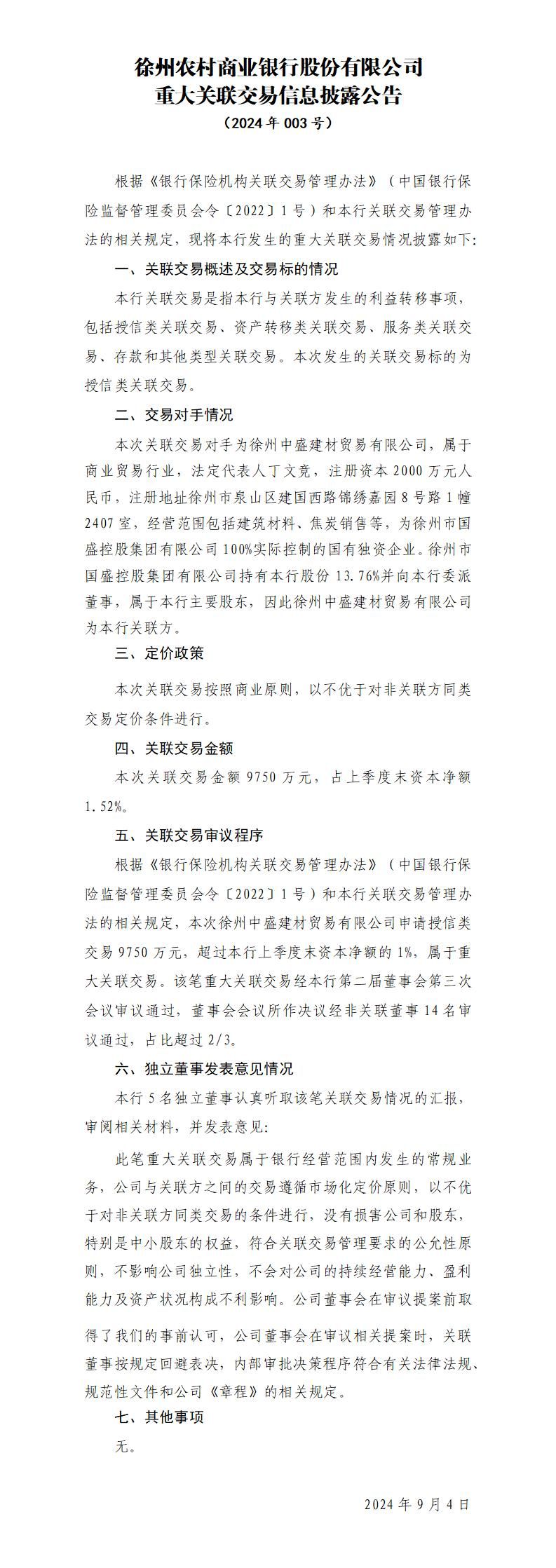 徐州农村商业银行股份有限公司重大关联交易信息披露报告 2024年003号(20240904）