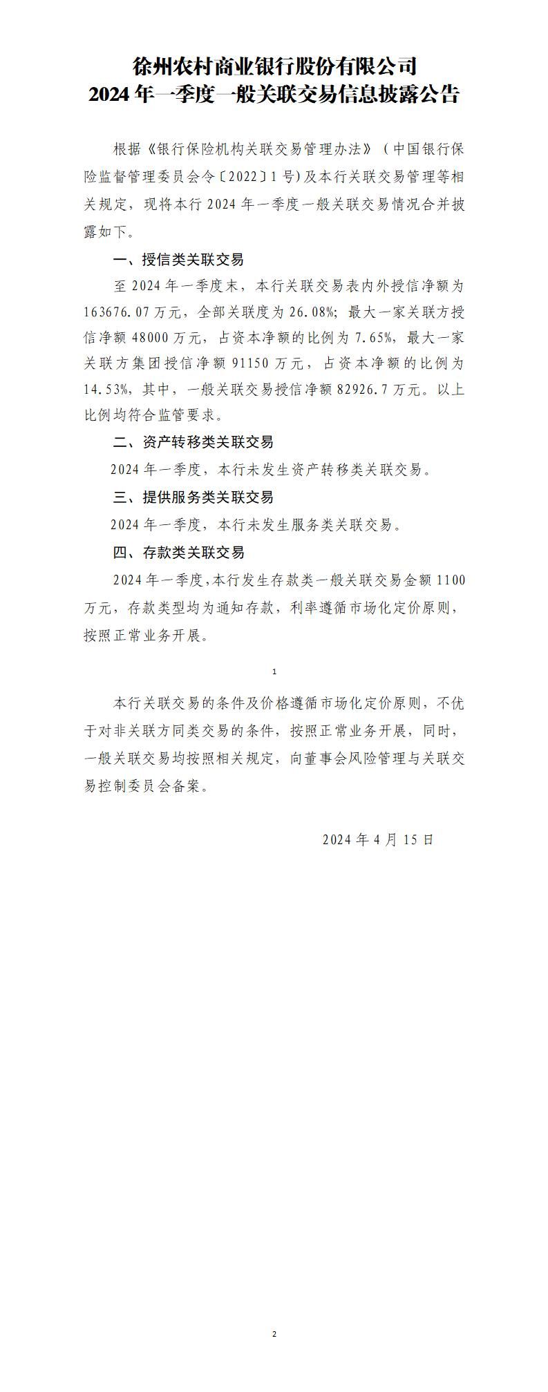徐州农村商业银行股份有限公司2024年一季度一般关联交易信息披露公告(2024年4月15日)