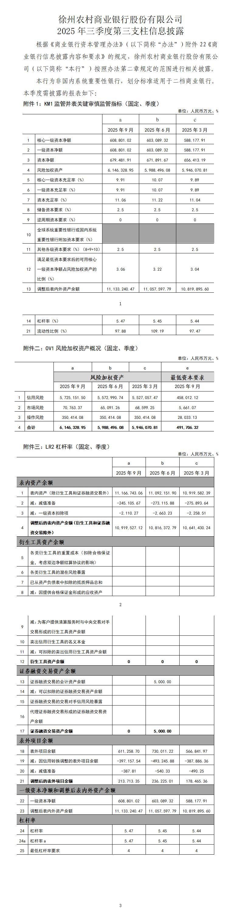 徐州农村商业银行股份有限公司2025年三季度第三支柱信息披露