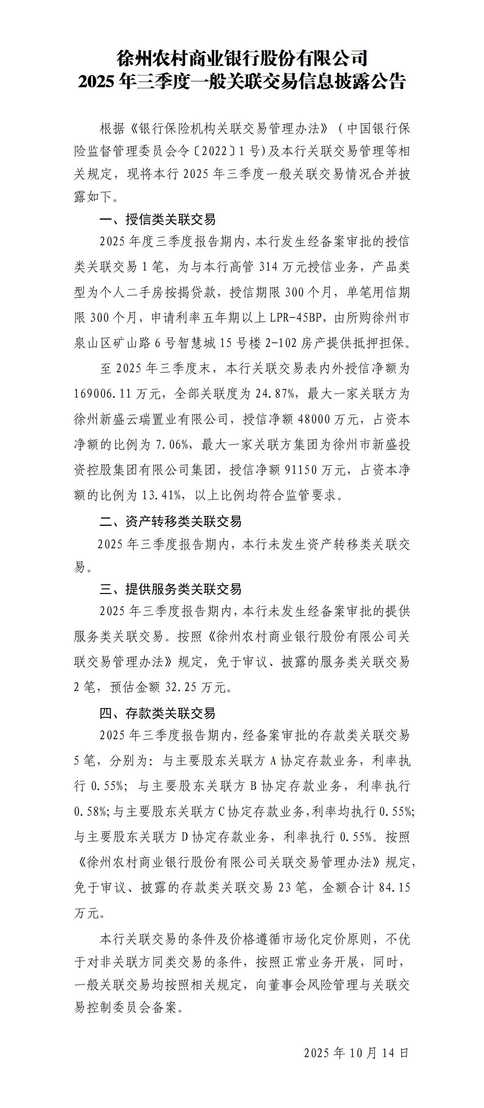 徐州农村商业银行股份有限公司2025年三季度一般关联交易信息披露公告(2025年10月13日)