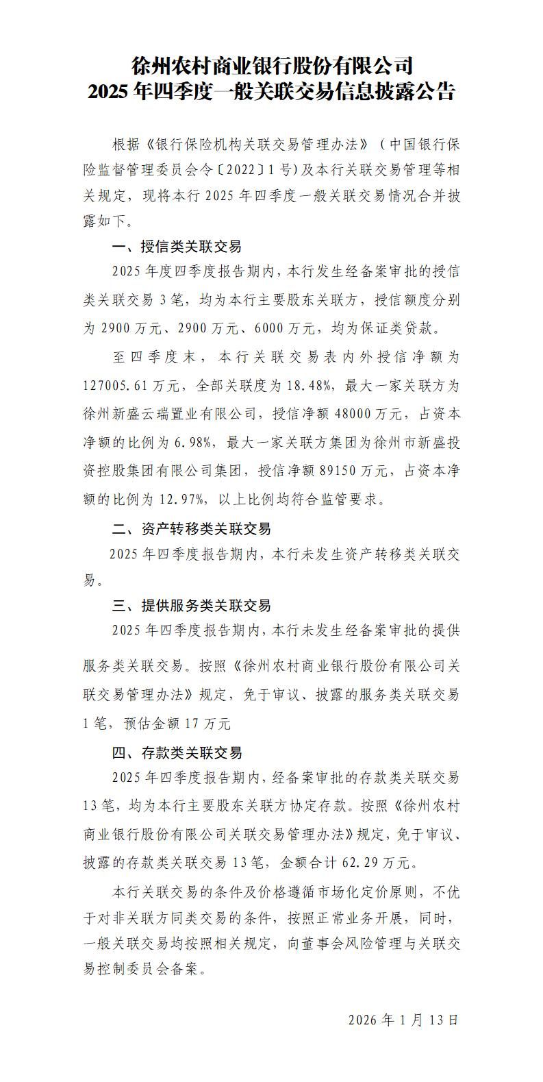 徐州农村商业银行股份有限公司2025年四季度一般关联交易信息披露公告