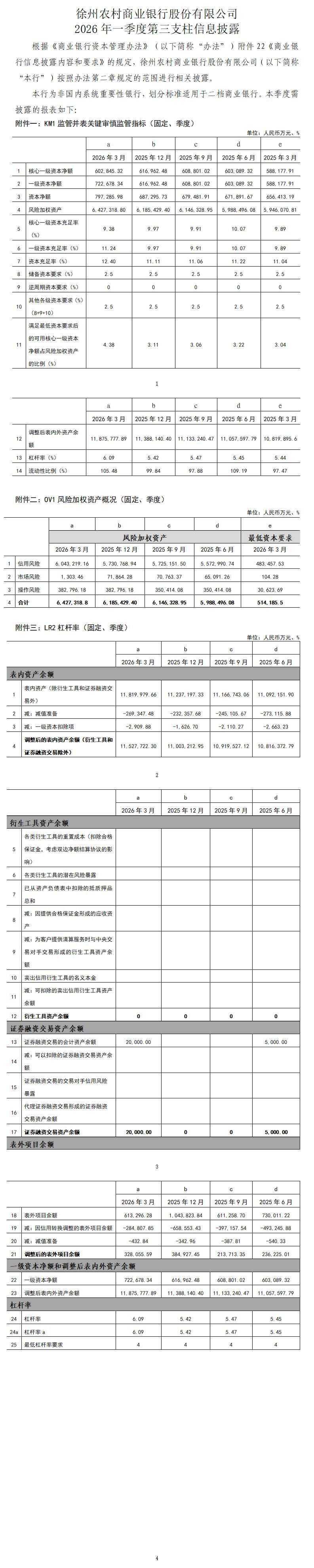 徐州农村商业银行股份有限公司2026年一季度第三支柱信息披露