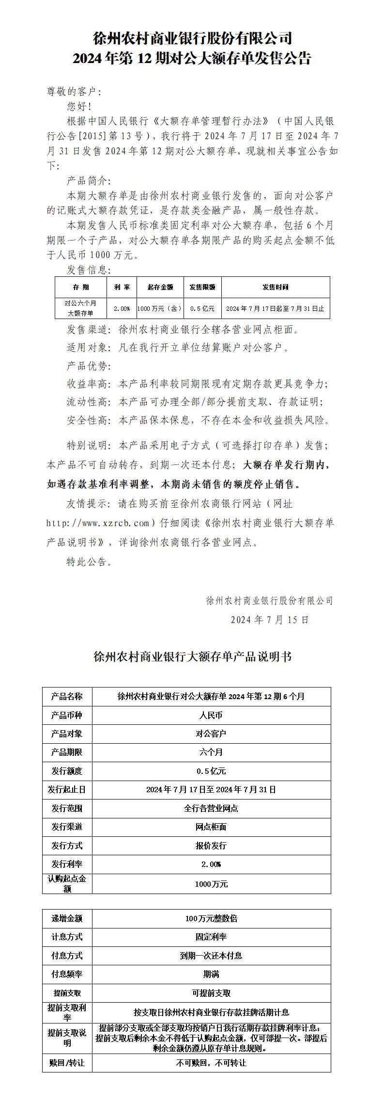 附件1：徐州农村商业银行股份有限公司2024年第12期对公大额存单发售公告