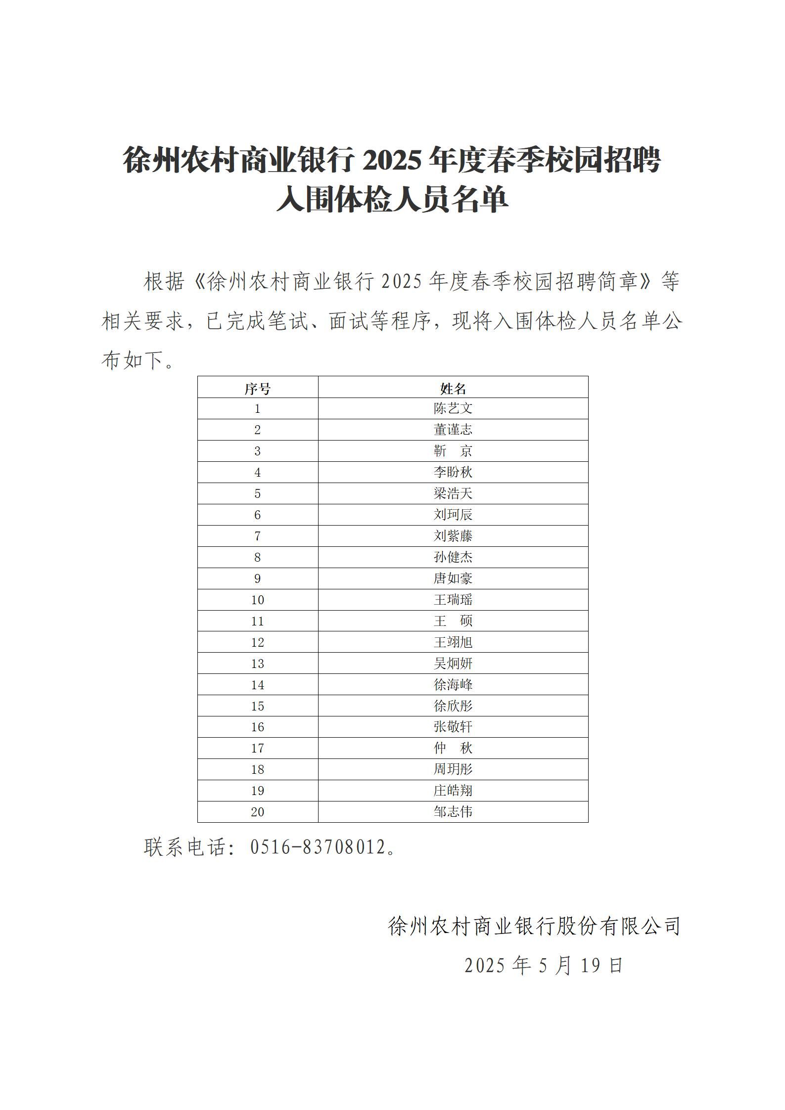 徐州农村商业银行2025年度春季校园招聘入围体检人员名单_01