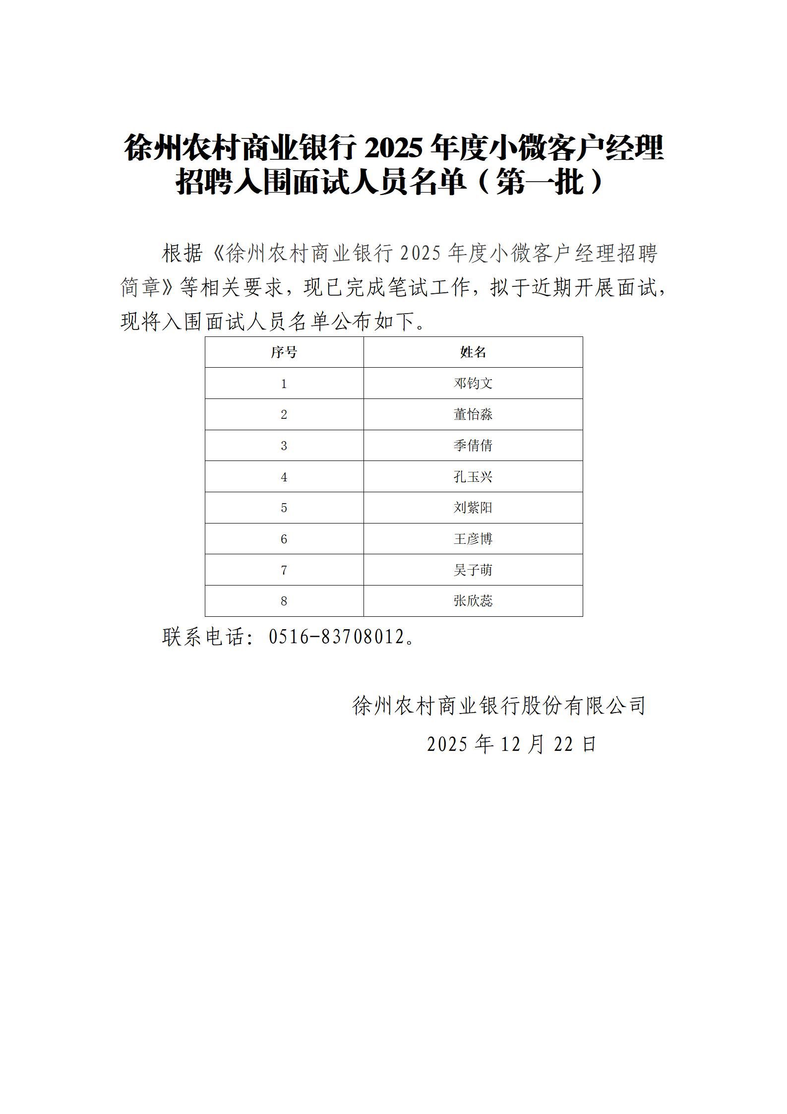 徐州农村商业银行2025年度小微客户经理招聘入围面试人员名单（第一批）  _01