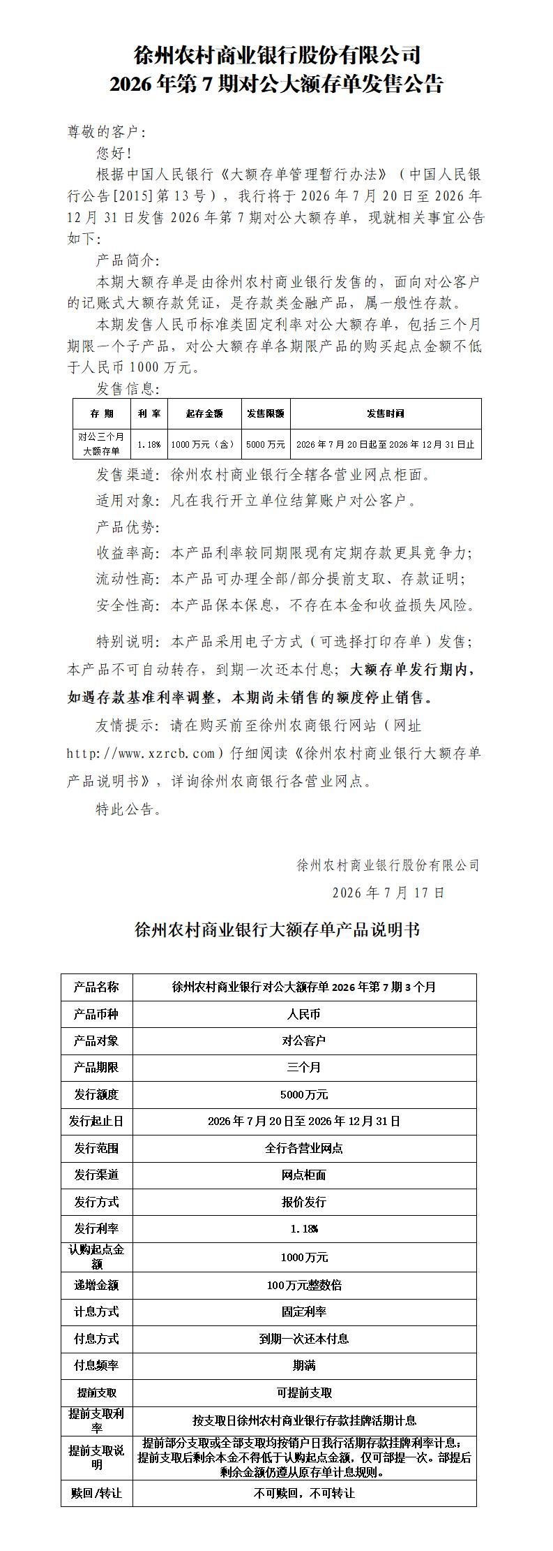附件1：徐州农村商业银行股份有限公司2026年第7期对公大额存单发售公告